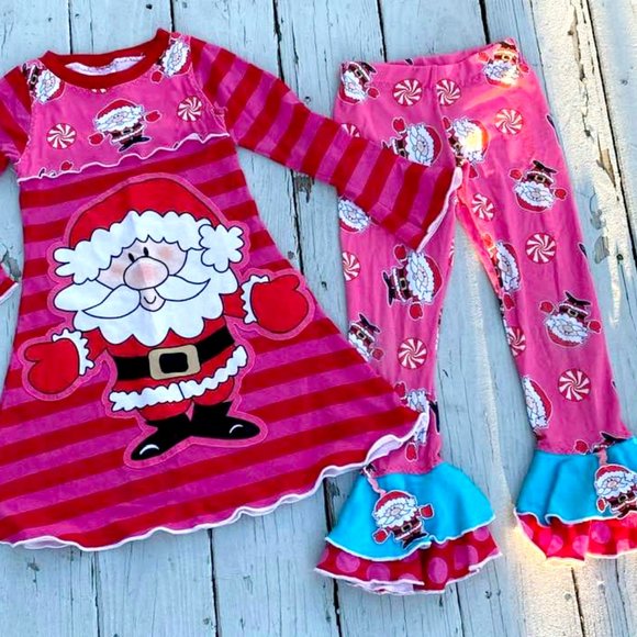 Girls Adorable Christmas 2 PC Set Santa Big Ruffle Pants